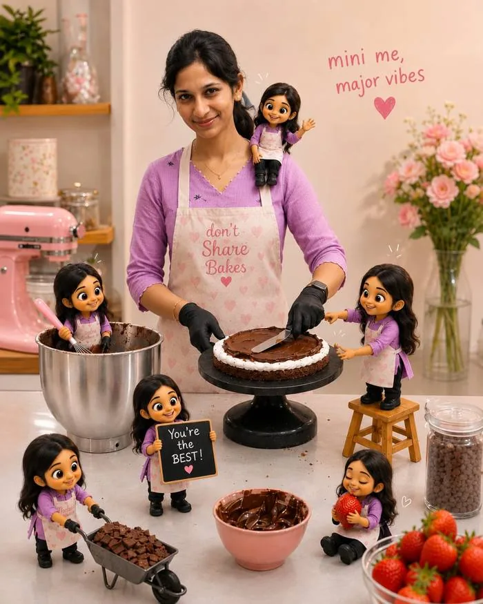 Dhivyashree decorating a cake in her home bakery kitchen